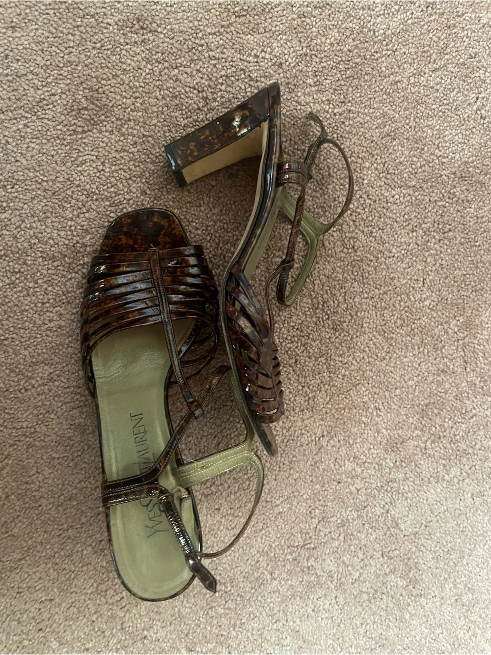 Yves Saint Laurent Brown Tortoiseshell Patent Strappy Heeled Sandals